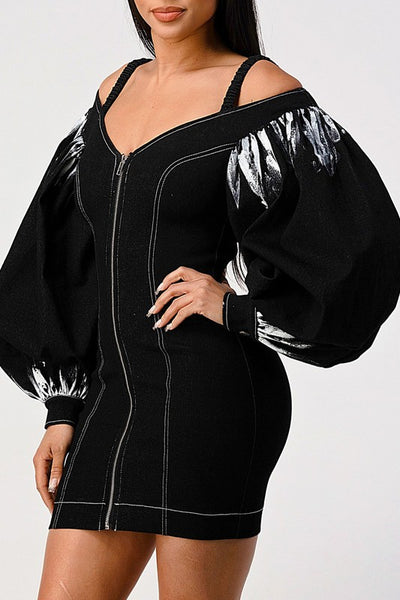 Denim black dye sleeve zip up dress