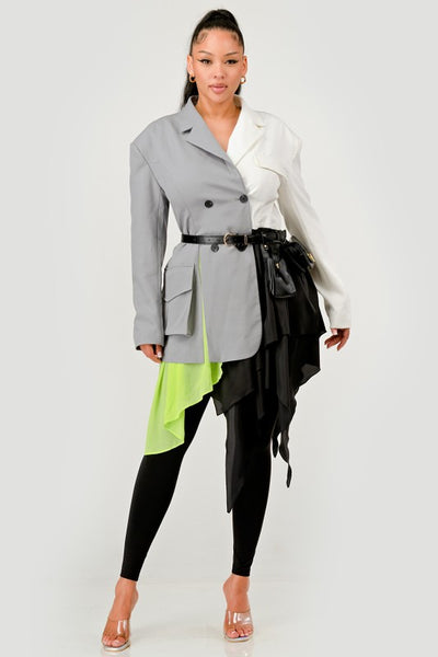 Colorblock Blazer with Layered Skirt Detail