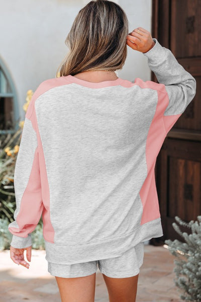 Color Block Raw Hem Pullover and Casual Shorts Set