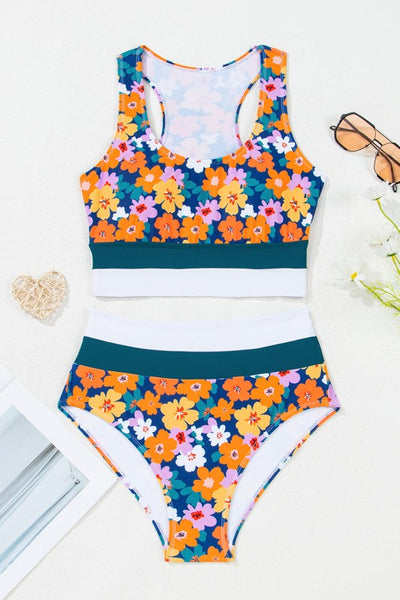 Floral Racerback Cutout High Waist Bikini Set