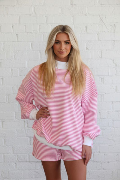 Stripe Oversize Mock Neck Sweatshirt & Shorts Set