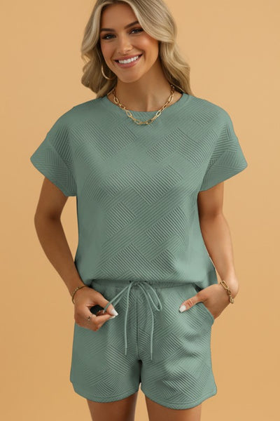 Textured Short-Sleeve Top & Drawstring Shorts Set