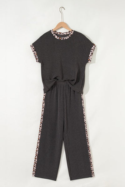 Leopard Patchwork Corded Knit Top & Crop Pants Set