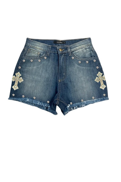 Studded Denim Wash Short with Rhinestone Crosses