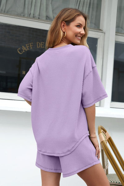 Solid Waffle Knit Tee & Drawstring Shorts Set