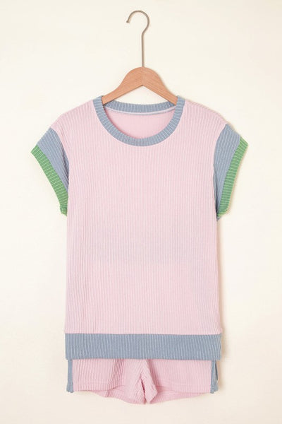 Colorblock Corded Knit Boxy Top & Shorts Set