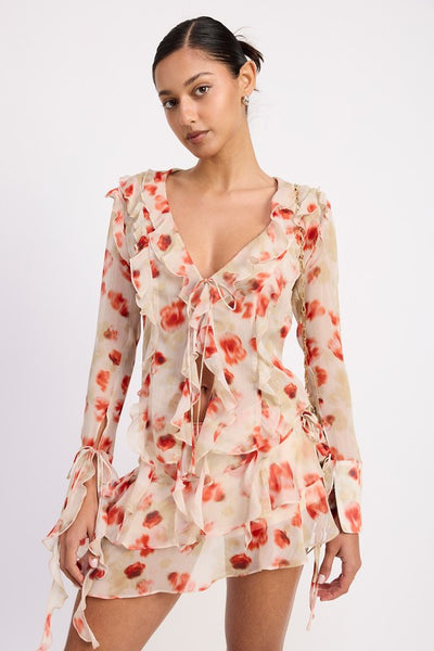 LAYERED RUFFLE MINI SKIRT IN SHEER FLORAL PRINT