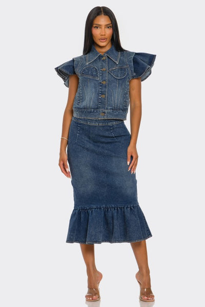 Ruffled Hem Denim Skirt Set