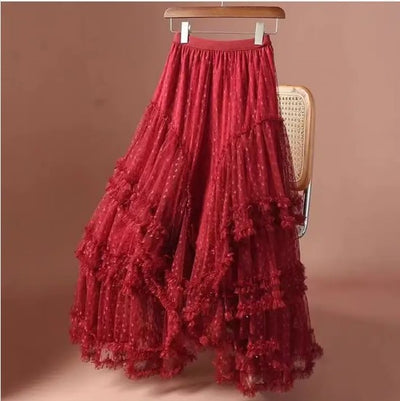 Mesh ruffle maxi skirt