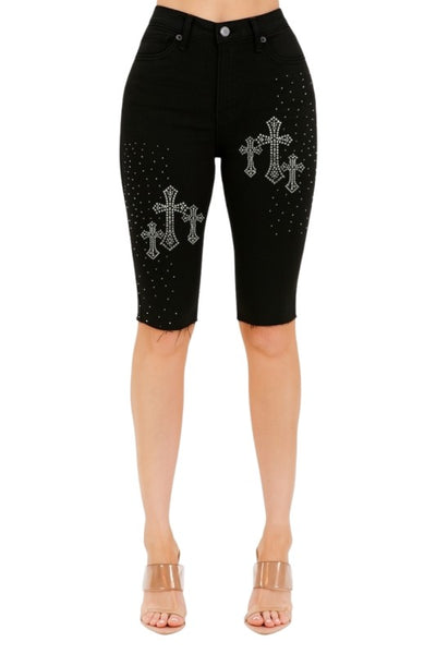 Black Rhinestone Cross Denim Bermuda Shorts