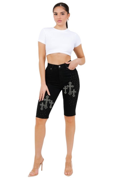 Black Rhinestone Cross Denim Bermuda Shorts