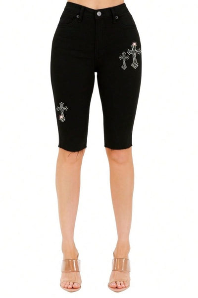 Black Rhinestone Cross Denim Bermuda Shorts