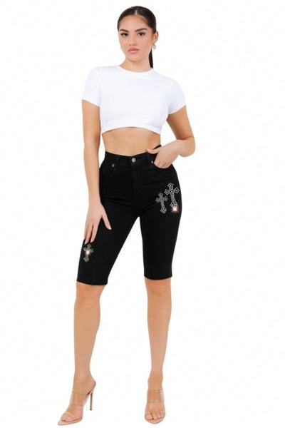 Black Rhinestone Cross Denim Bermuda Shorts