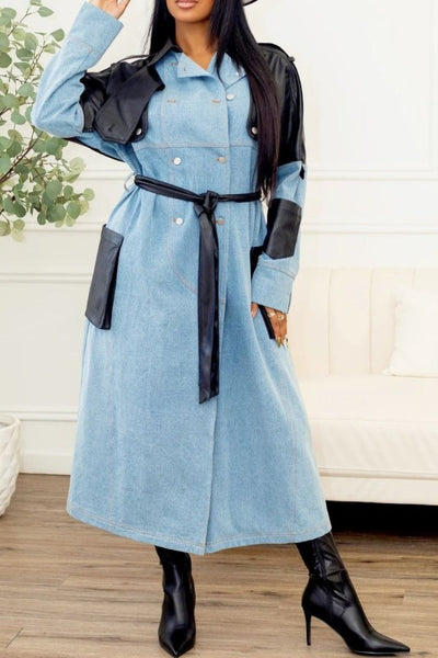 Two-Tone Denim & Faux Leather Trench Coat