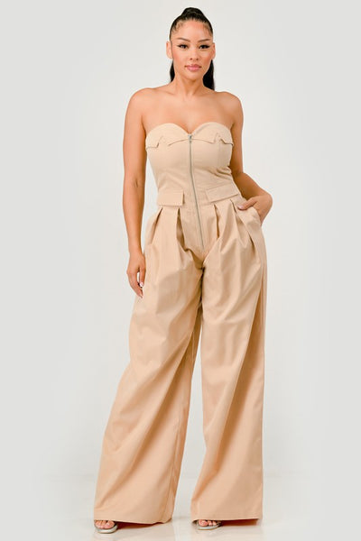 Beige Strapless Wide-Leg Jumpsuit