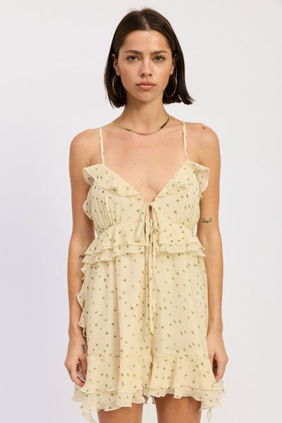 SPHAGHETTI STRAP RUFFLE ROMPER WITH TIE FRONT