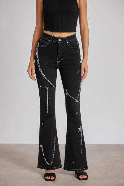 Bootcut Jeans with Chain and Star Embellishments