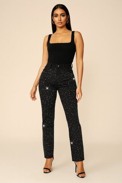 High Waisted Black Mom Jean with Rhinestones