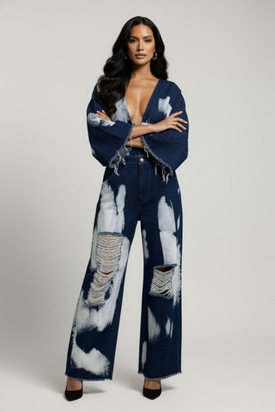Deep V Bleach Denim Jumper