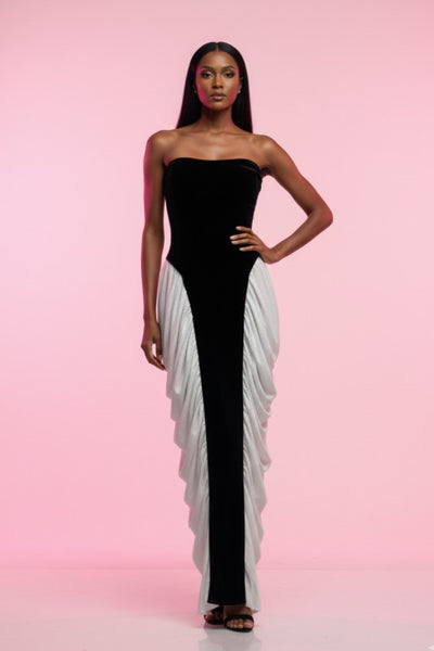 Strapless Velvet & Chiffon Contrast Gown