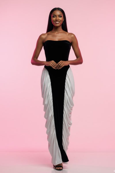 Strapless Velvet & Chiffon Contrast Gown