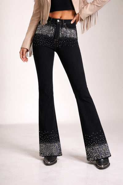 Rhinestone Boot Cut Jean in Black Denim