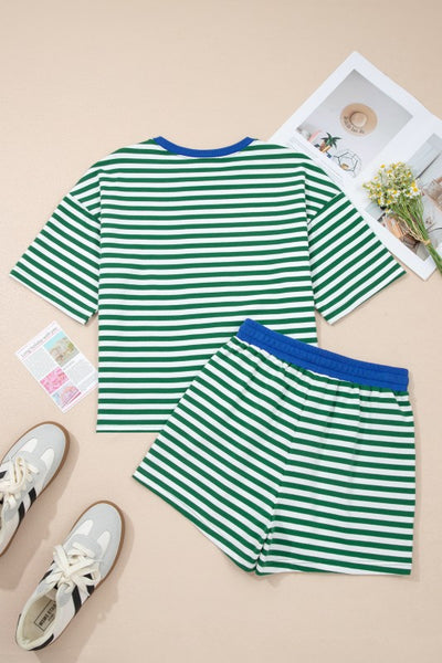 Stripe Drop Shoulder Boxy Casual Terry Short Set
