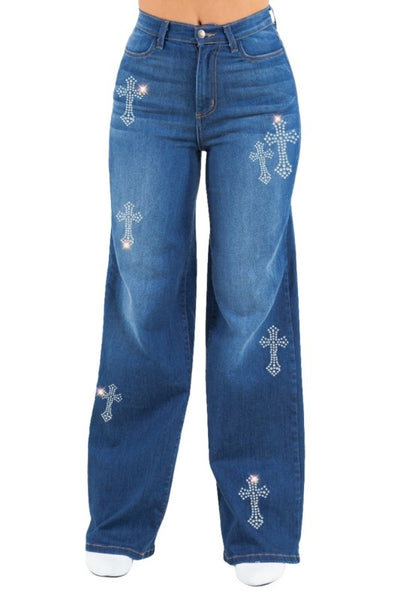 High Waist Rhinestone Cross Wide-Leg Jeans