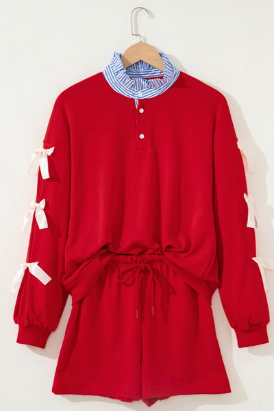 Stripe Collar Bow Tie Sweatshirt and Shorts Set