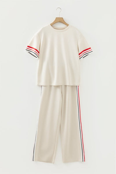 Contrast Stripe Crewneck Top & Straight Pants Set