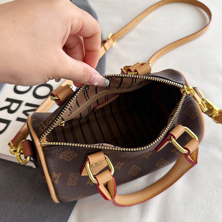 2025 New Model Women's Durable PU Boston Handbag with Rivet Decoration Zipper Closure Crossbody Strap and Polyester Lining