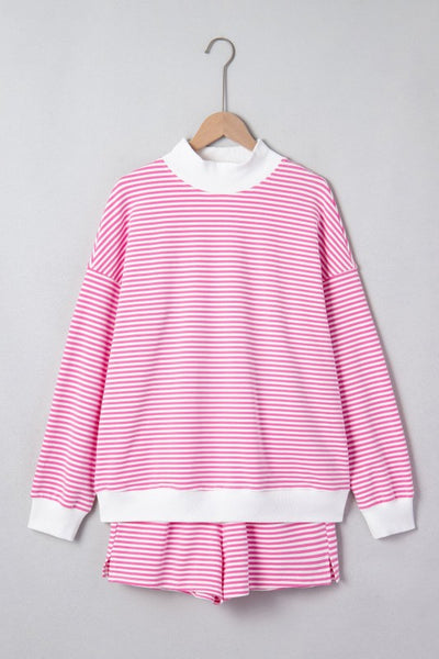 Stripe Oversize Mock Neck Sweatshirt & Shorts Set
