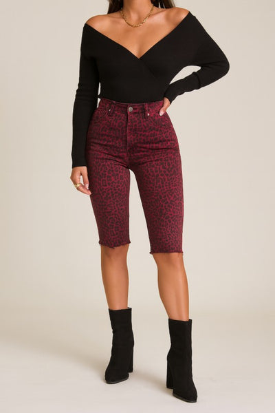 Burgundy Leopard Print Capri Shorts