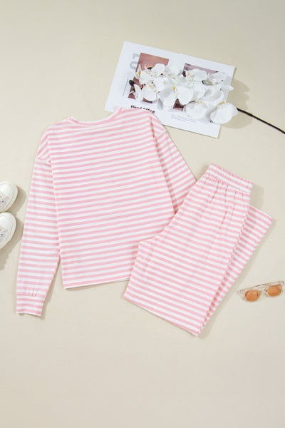 Stripe Drop Shoulder Top & Buttoned Pants Set