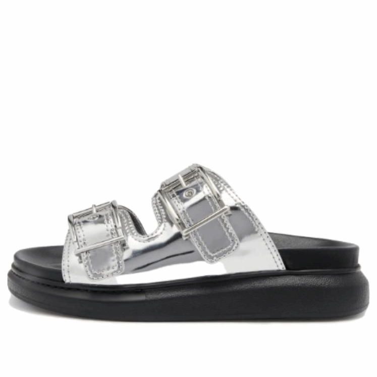 (WMNS) Alexander McQueen Gabine Buckled Leather Slides &amp;#39;Silver Black&amp;#39; 783254W4WG18100 #