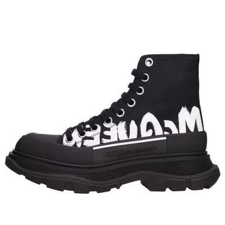 (WMNS) Alexander McQueen Tread Slick Graffiti Logo Boots &amp;#39;Black White&amp;#39; 676718W4RQ21006 #